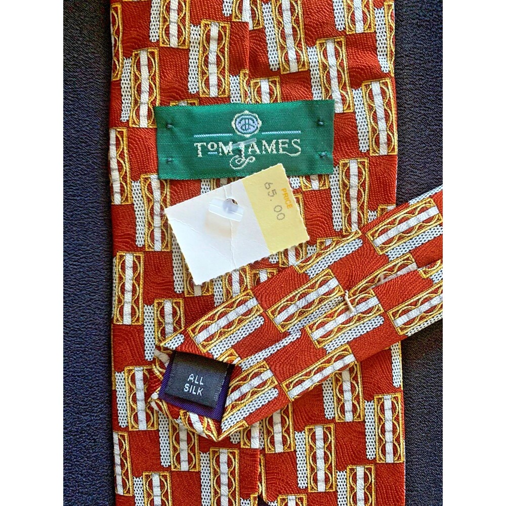 Vtg 80s 90s Tom James Silk Neck Tie Textured Copper Orange Wall Art Designer NOS